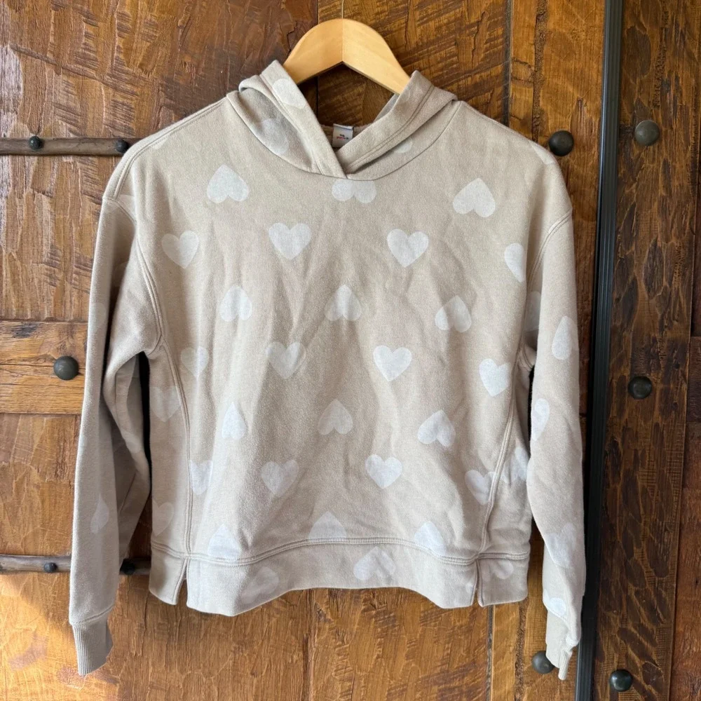 Old Navy Hoodie Kids XL 14-16 Tan Beige Heart Print Fleece Pullover Sweatshirt